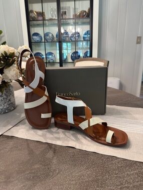 Franco Sarto White and Brown Leather Strappy Flat Sandals